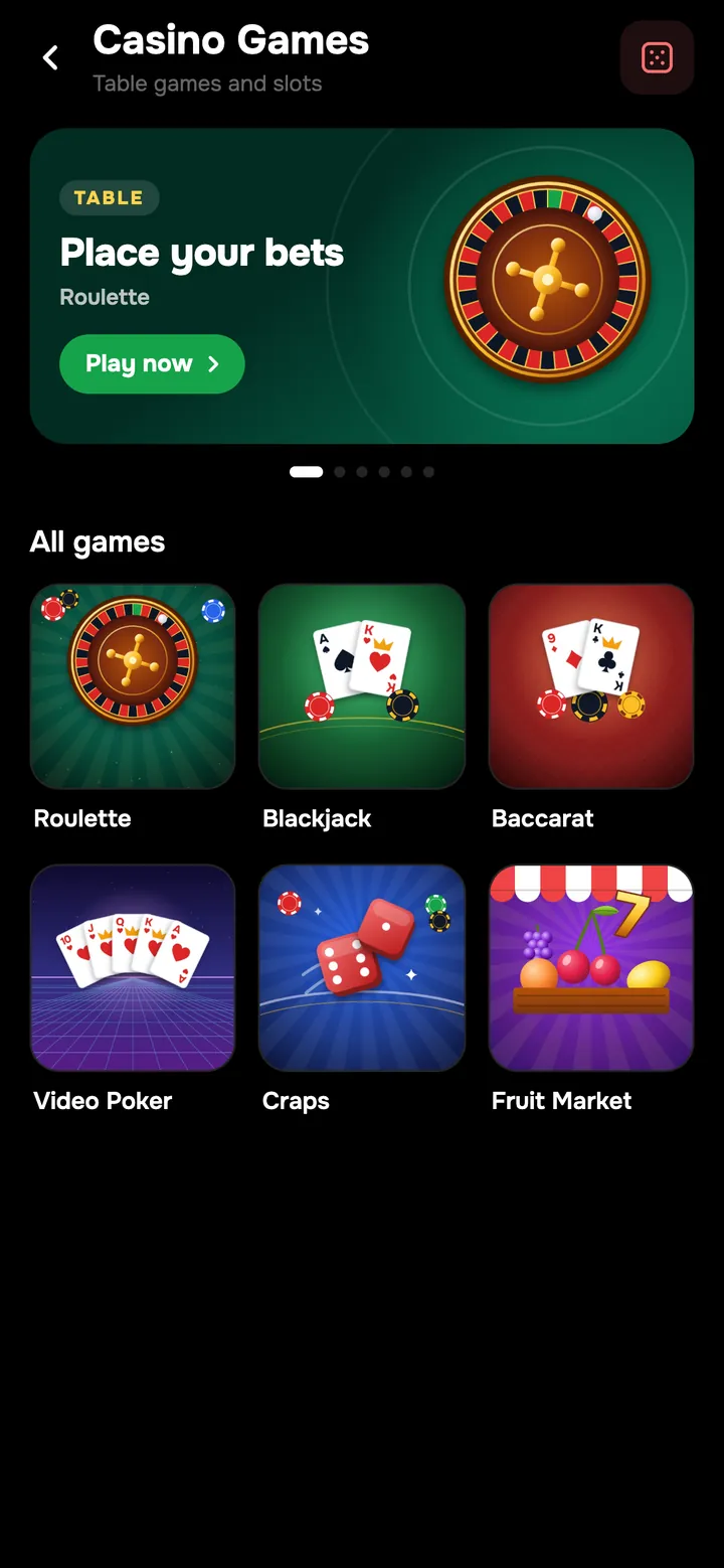 The casino lobby in the app