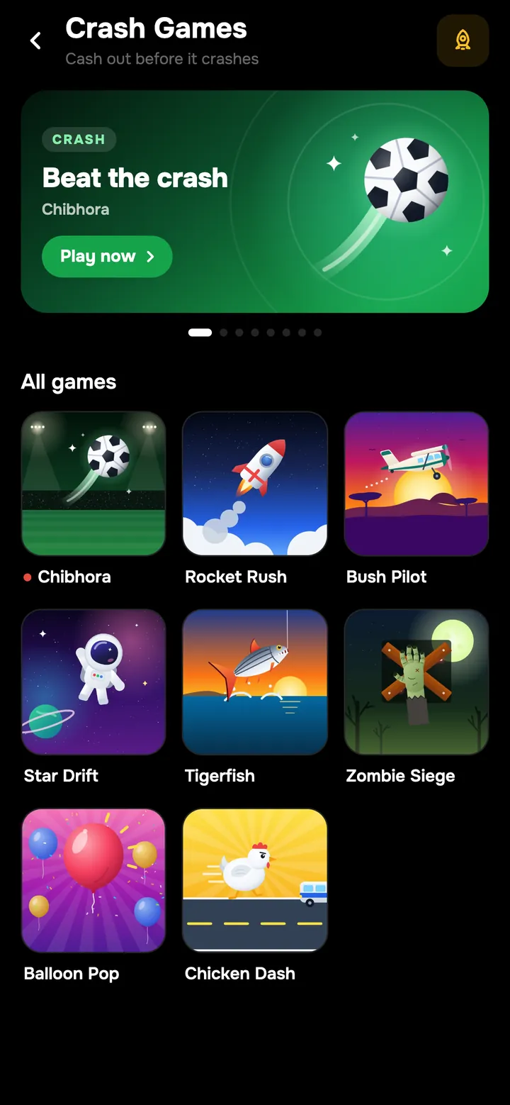 The crash games lobby in the app