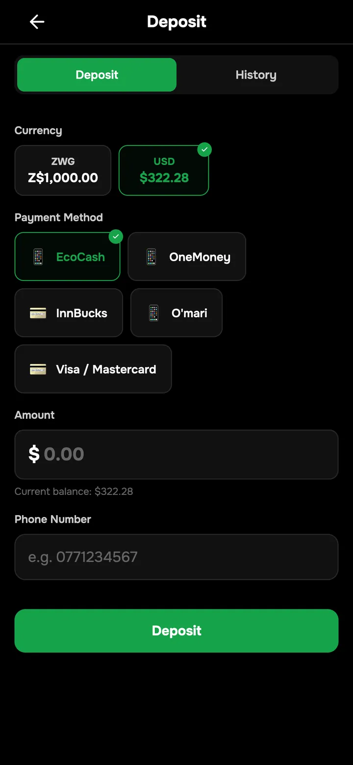Depositing in the app with EcoCash, OneMoney, InnBucks, O'mari or card