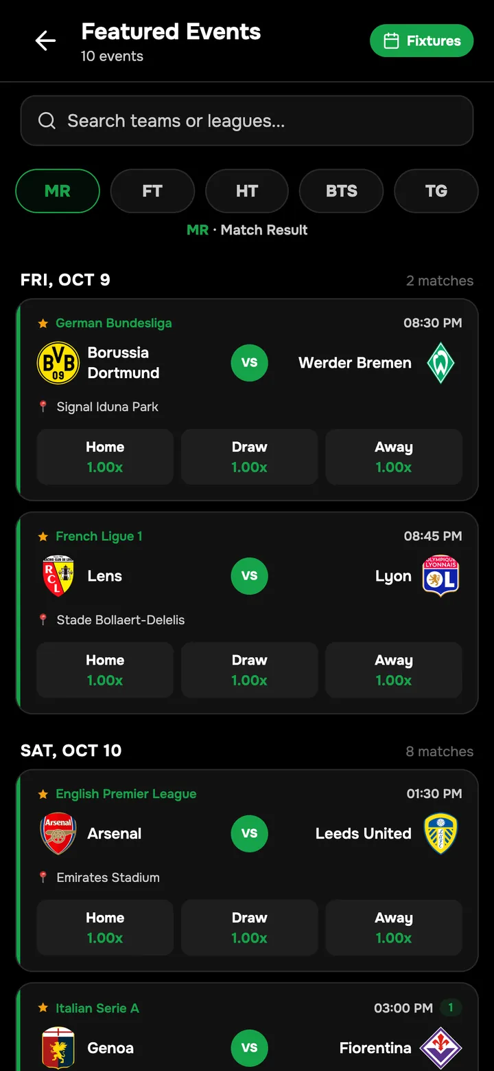 Featured matches in the app, grouped by day