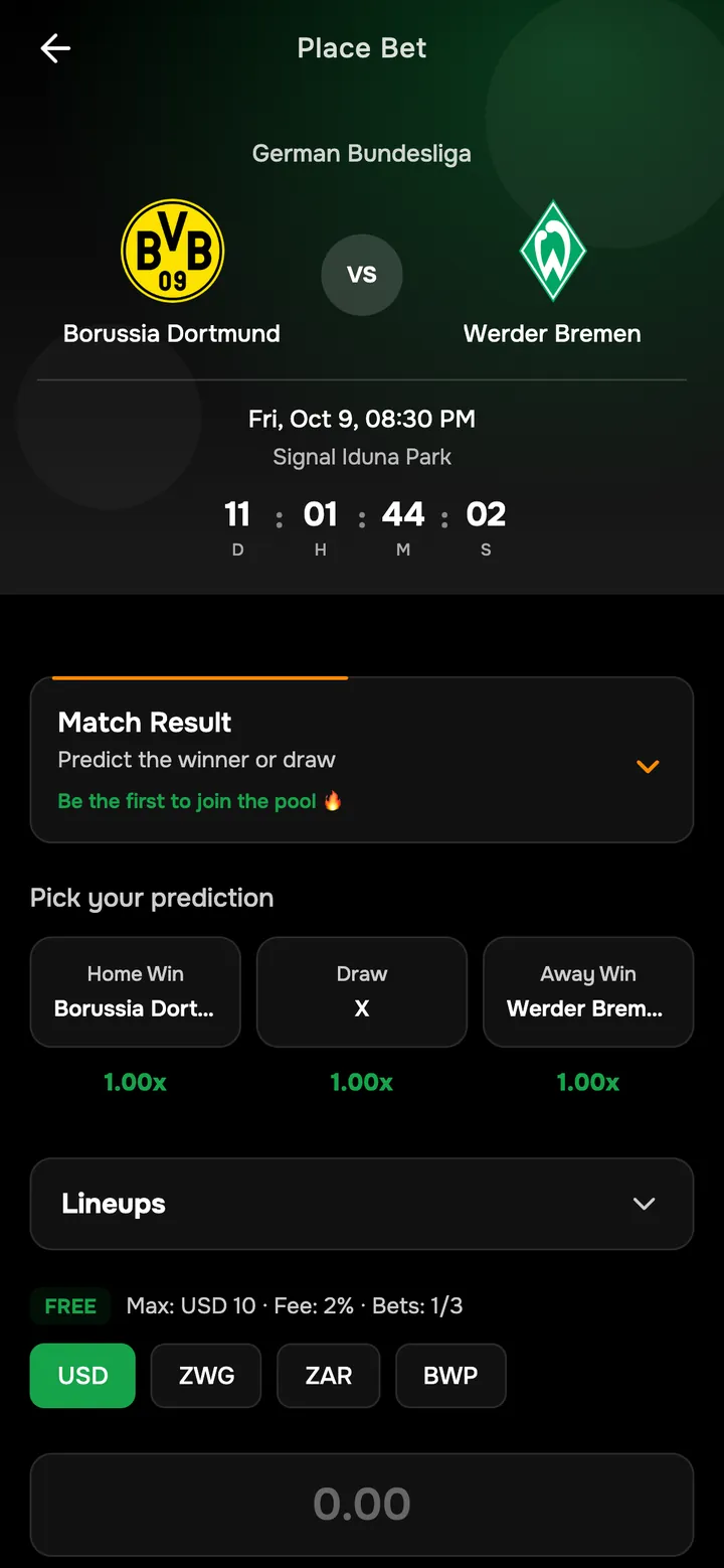 A match in the app: its pools and the countdown to kick-off